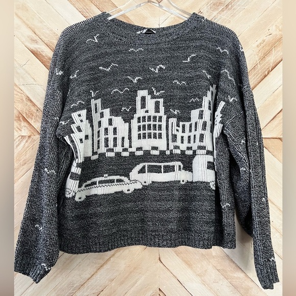 Vintage 80s Mod Cityscape Acrylic Blend Crewneck Sweater - Picture 1 of 6